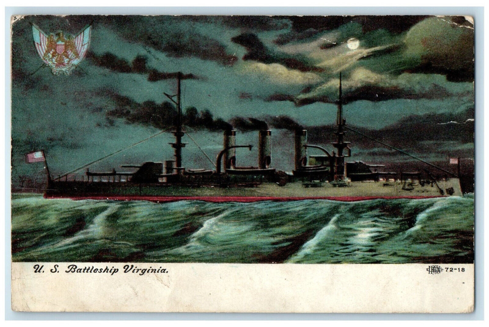 1909 US Battleship By Moonlight Battlecreek Iowa IA Posted Antique Postcard