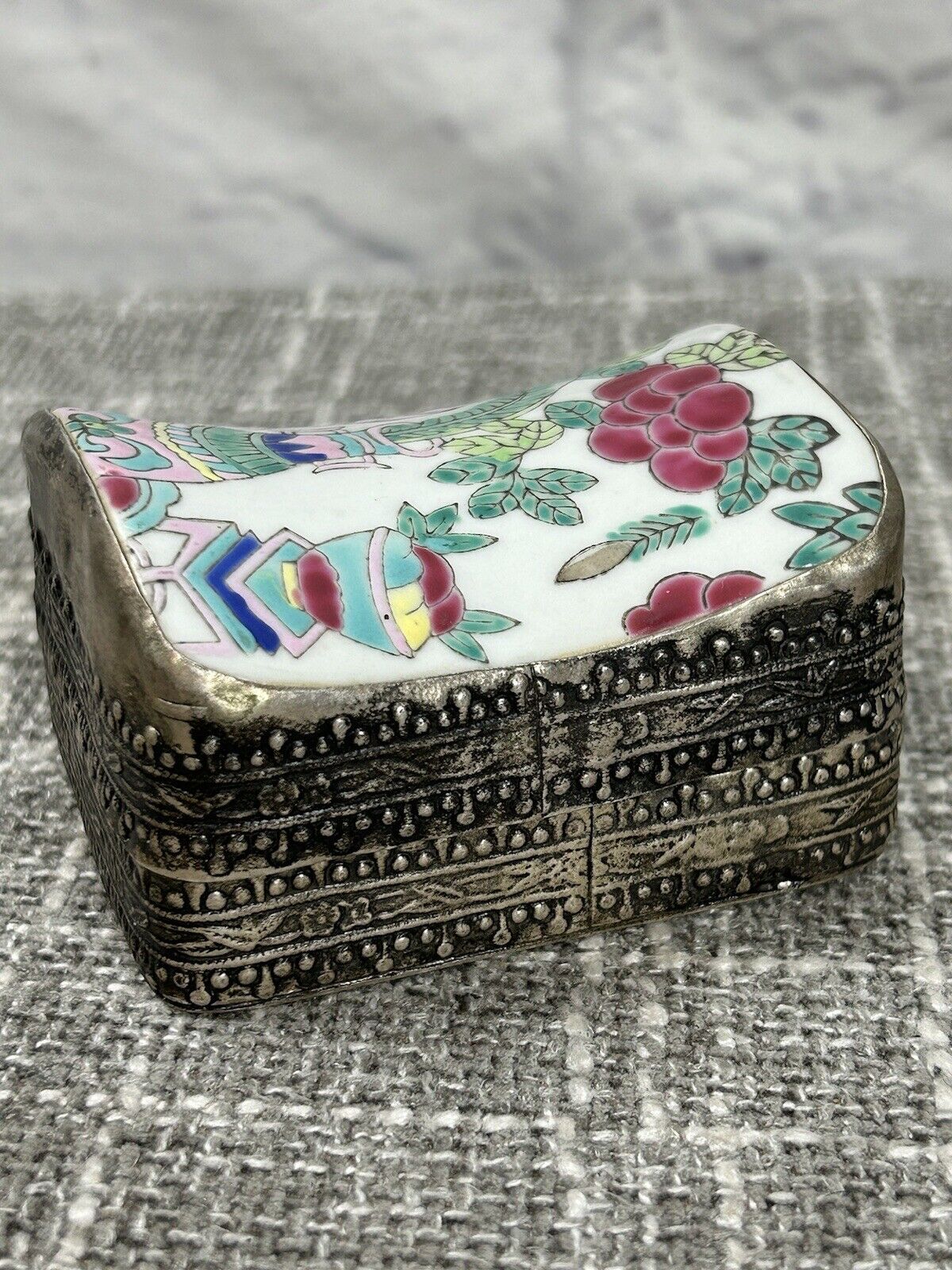 Vintage Chinese Hand Painted Porcelain Chard and Silver Jewelry Trinket Box