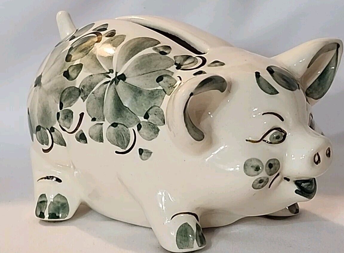 Green Floral Polish Pottery Piggy Bank Small Made In Poland Signed J.K. EUC 