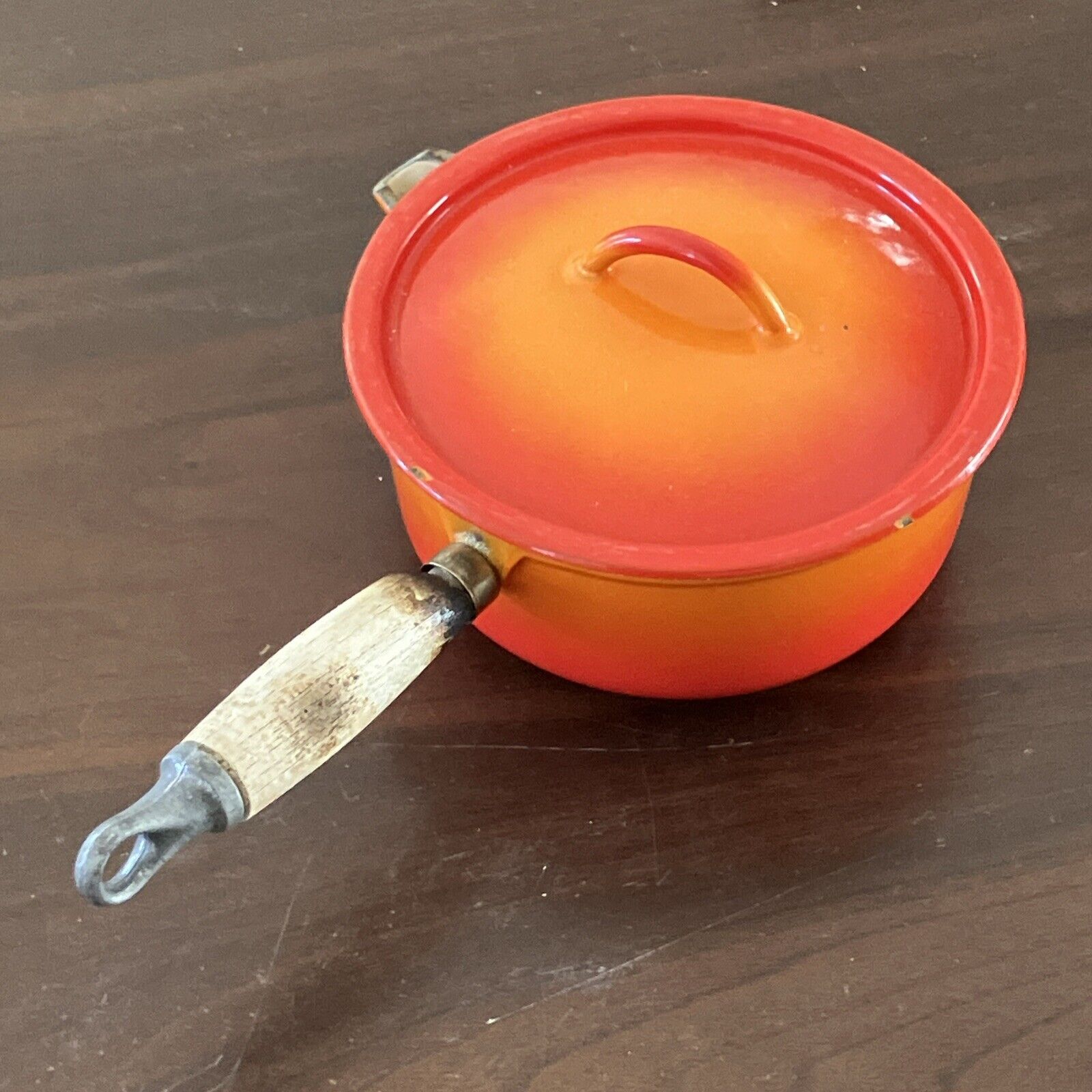 Vintage Le Creuset 18 OLD Orange Color Cast Iron Pot with Spout And Lid RUSTIC