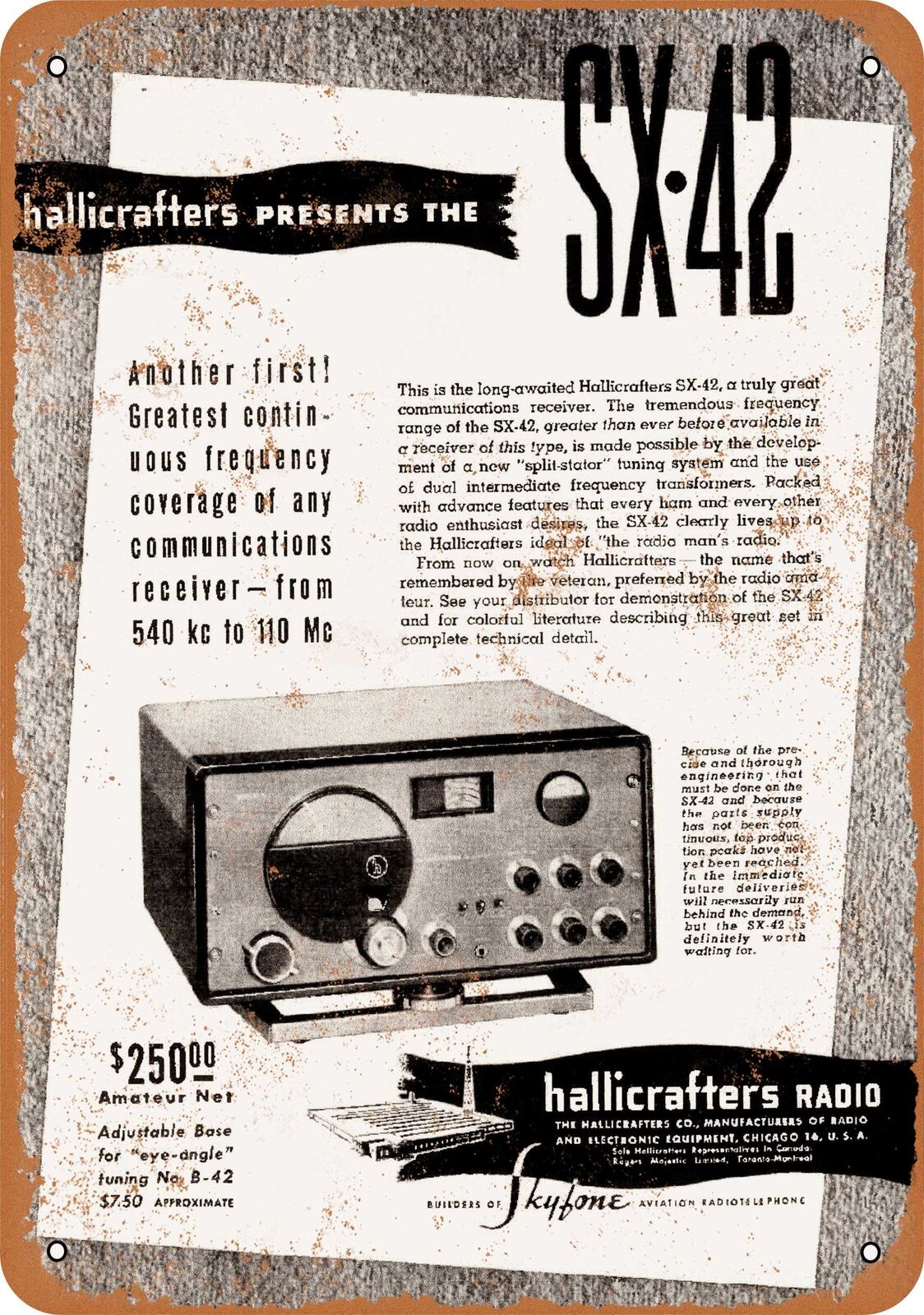 Metal Sign - 1946 Hallicrafters SX-42 Radio Receiver - Vintage Look Rep