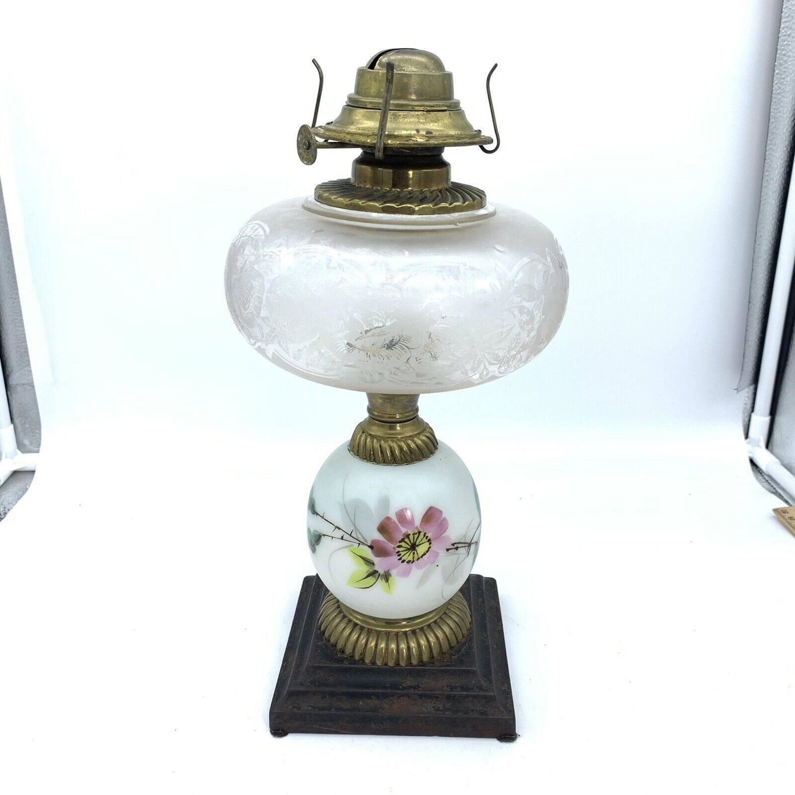 Antique c.1880-1900’s Hand Painted Etched Floral Milk Glass Globe Oil Lamp