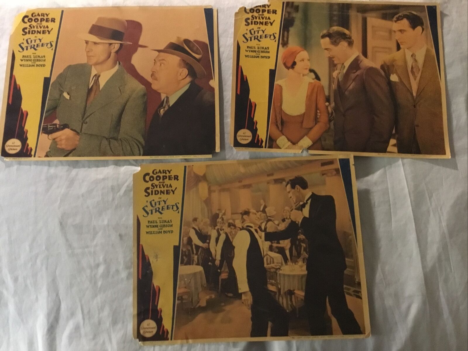 Gary Cooper, CITY STREETS, 3 Original Lobby Cards 1930’s Rare.