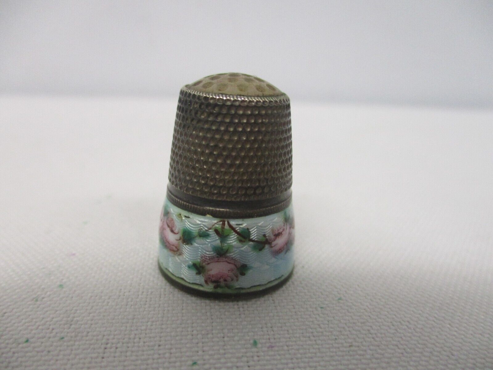 ANTIQUE 835 SILVER with BLUE GUILLOCHE ENAMEL & ROSES THIMBLE with GLASS ON TOP