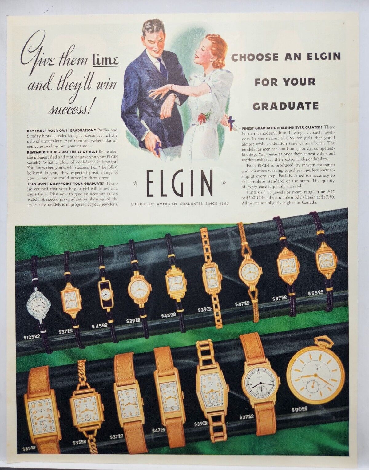 1937 Elgin Watch Graduate Vintage Print Ad Man Cave Poster 30\'s