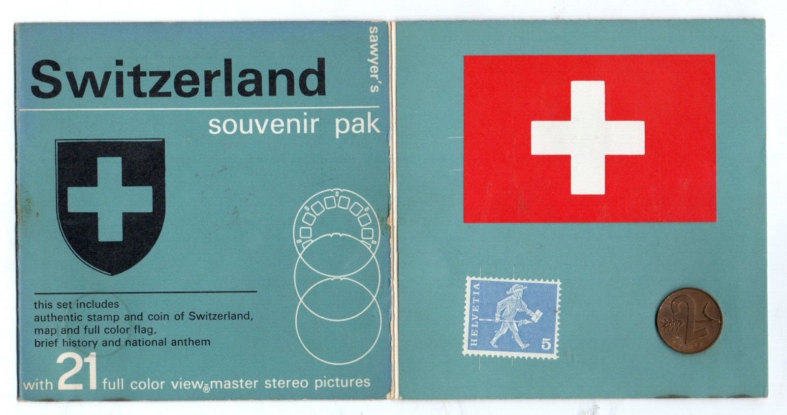 Vintage Sawyer's Switzerland Souvenir Pak w/Stamp & Coin