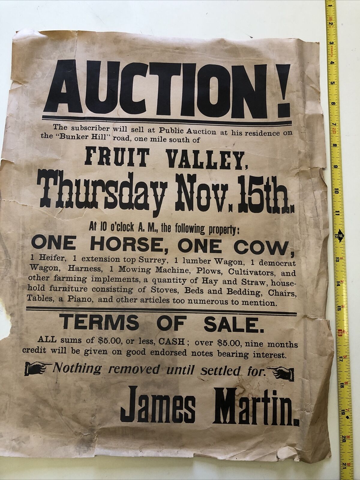 Vintage 1800s Rare Auction Notice poster signs-1 Horse 1 Cow Wagon James Martin