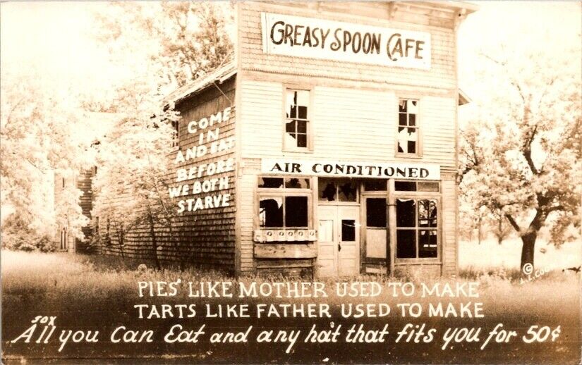 Vintage RPPC Postcard Greasy Spoon Cafe Air Conditioned Pies and Tarts     12275