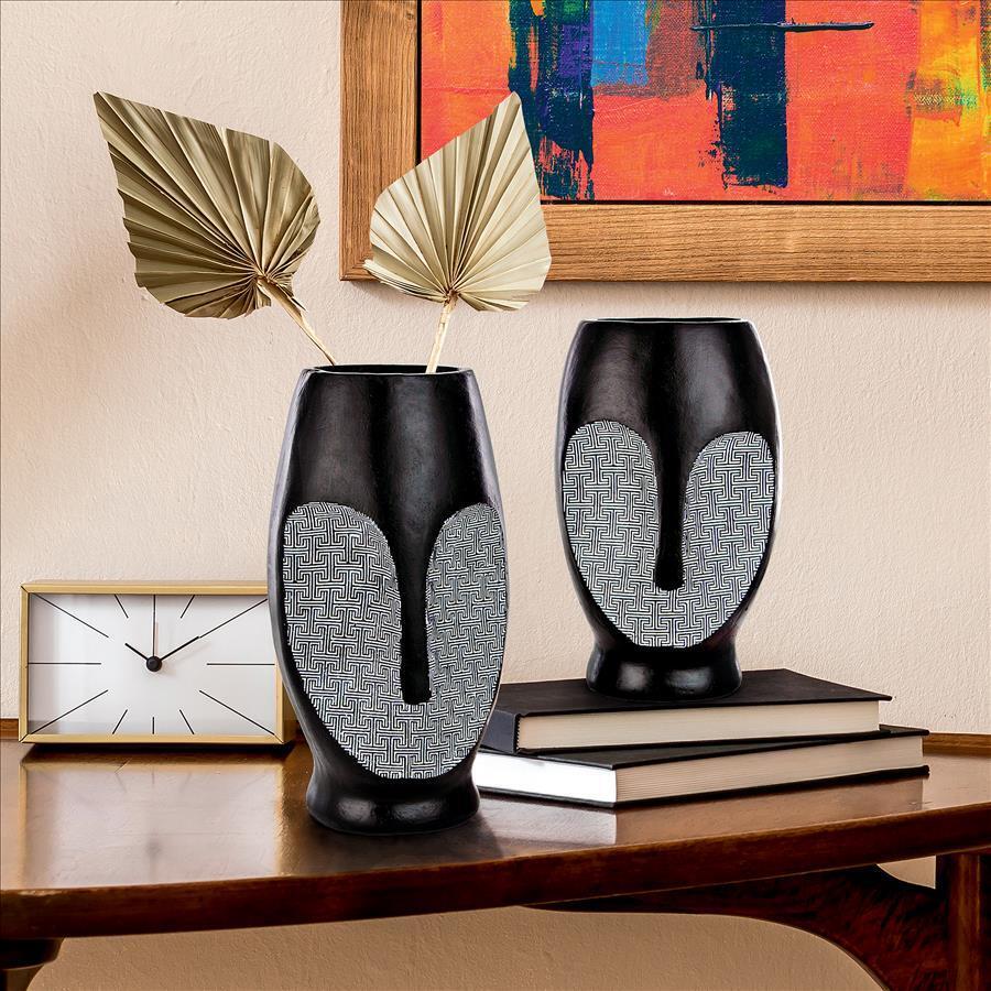 African Influenced Modern Art Pair of Abstract Masks Geometric Dried Plant Vases