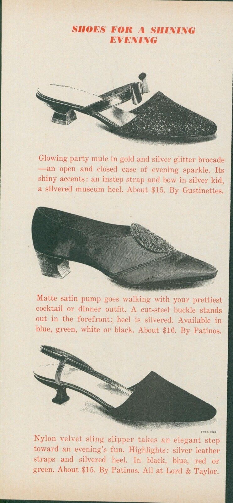 1965 Lord & Taylor Gustinettes Patinos Velvet Sling Mule Shoes Vtg Print Ad GH2