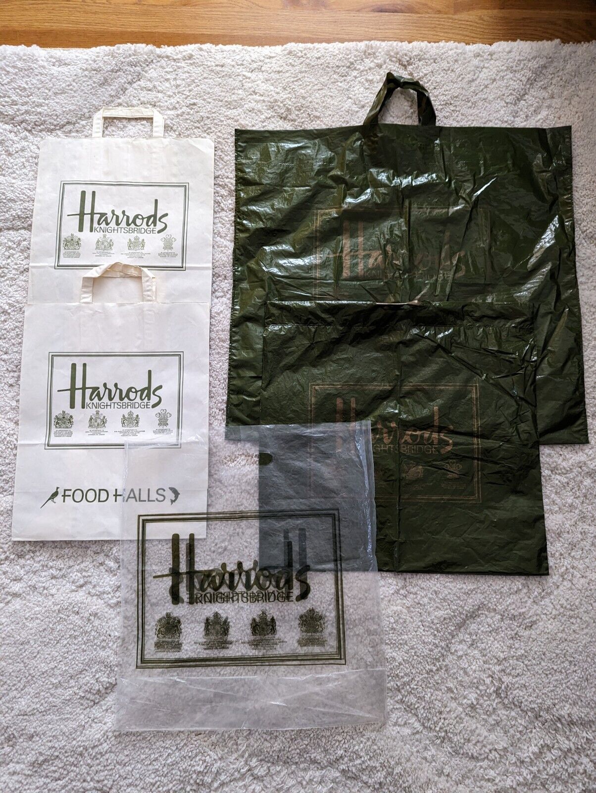 Vintage Harrods Knightsbridge Shopping Bags c1987 - 2 Paper & 3 Plastic 