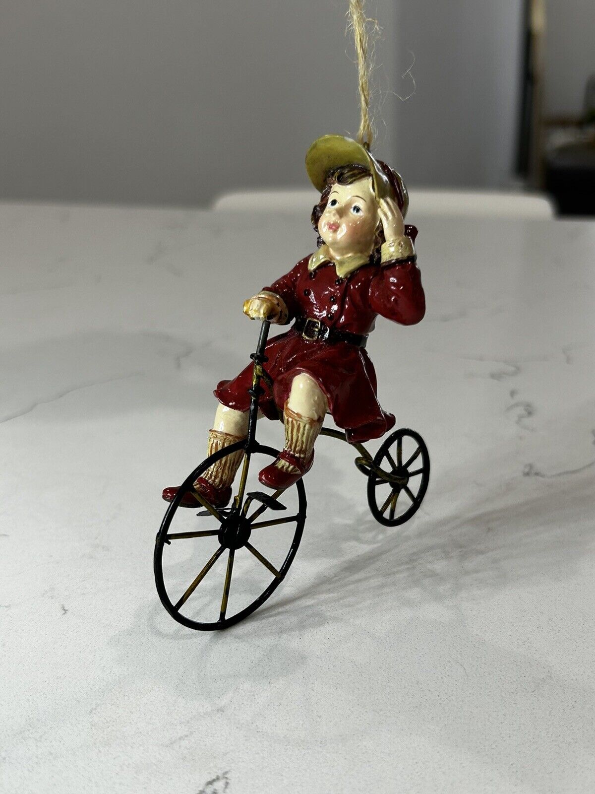 Hanging Ornament Girl in Red Dress Bike Bicycle Vintage 1920 Handmade Christmas 