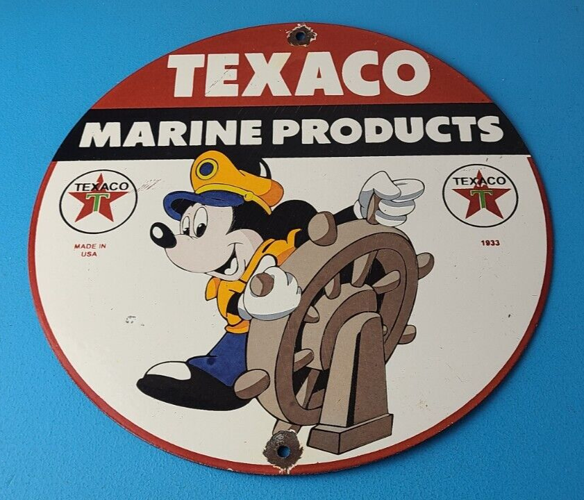 Vintage Texaco Gasoline Sign - Porcelain Disney Mickey Marine Products Pump Sign