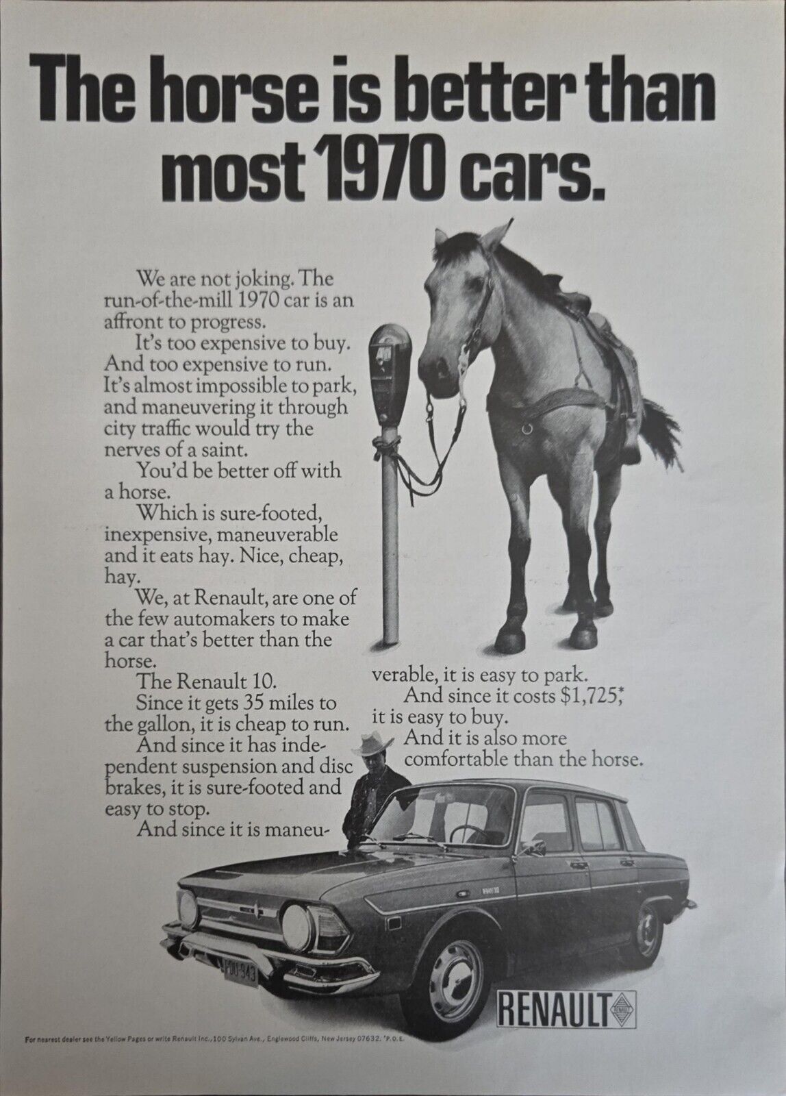 Renault 10 Car Horse 1970Vintage Print Ad Original Man Cave Garage Decor