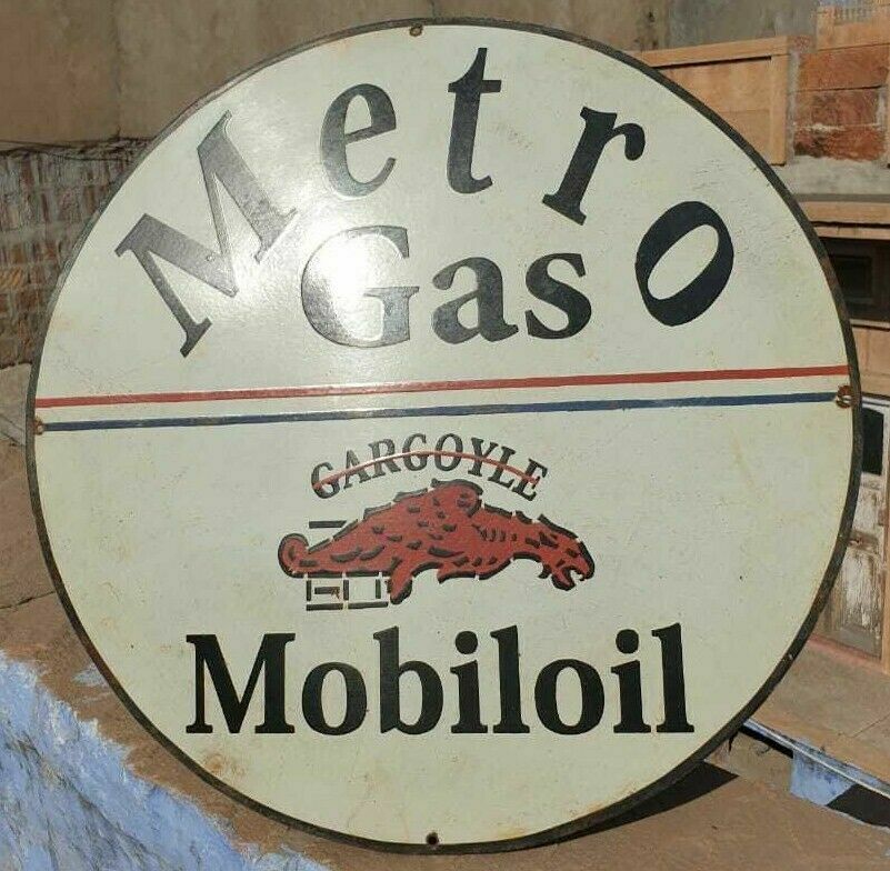 1930\'s Old Antique Vintage Rare Metro Gas Mobil Oil Porcelain Enamel Sign Board