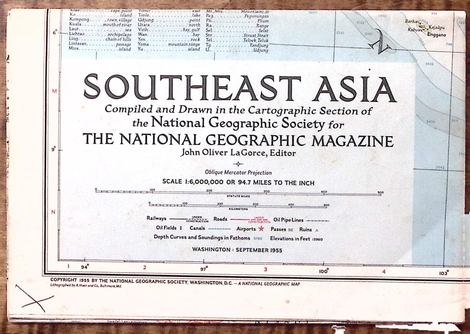 1955 SOUTHEAST ASIA NATIONAL GEOGRAPHIC MAP MEASURES 34 X 29 UNFOLDED NICE Z3264