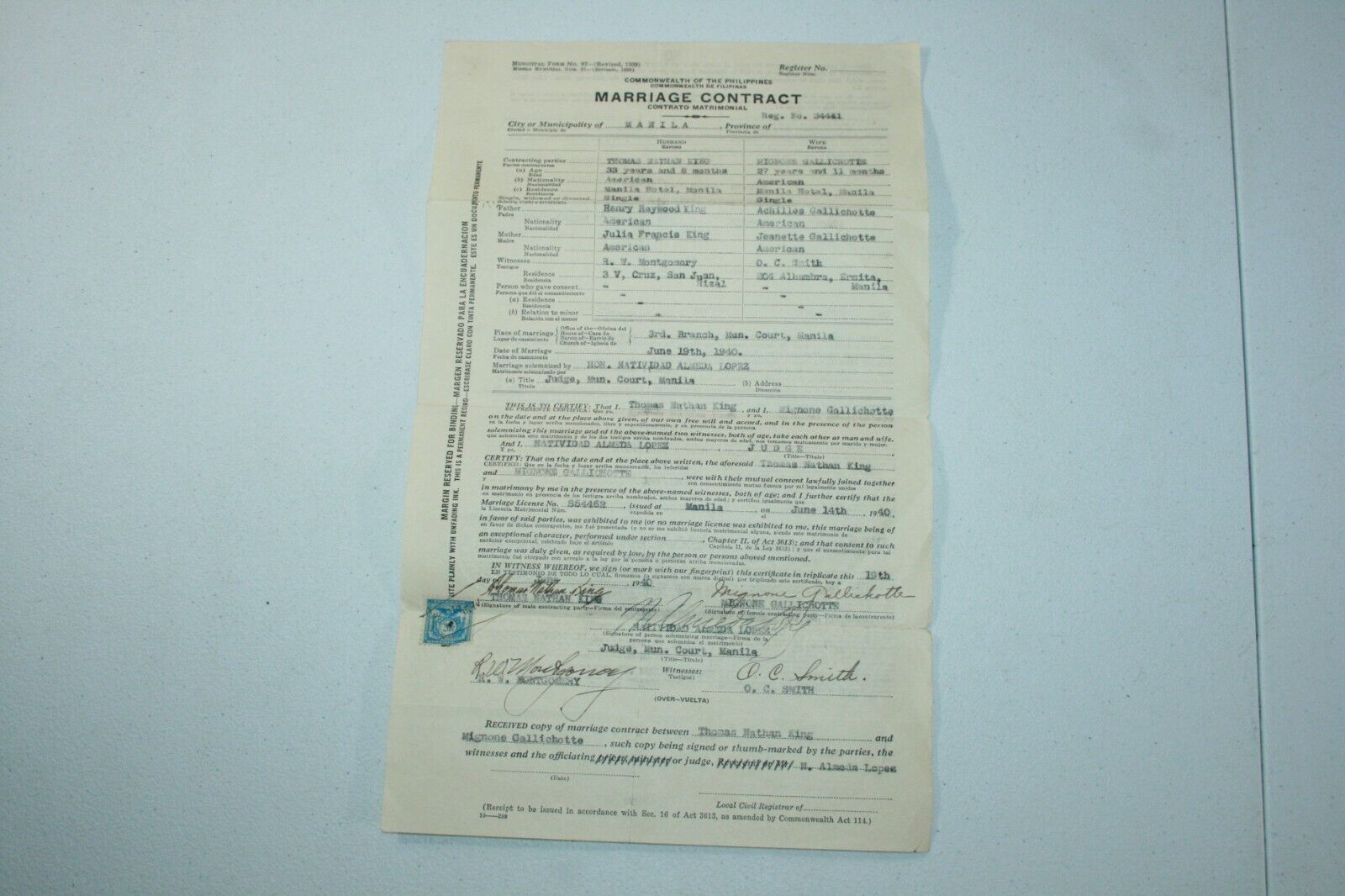 Vintage 1940 Manila Philippines Marriage Contract Certificate