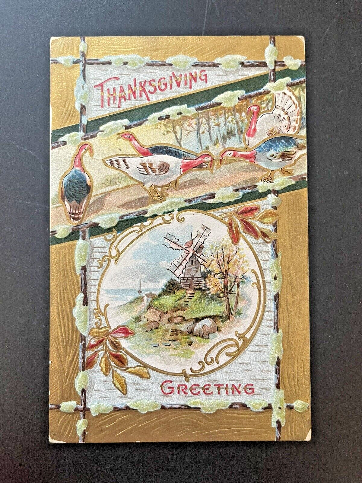 Antique 1910 Thanksgiving Postcard #08 Embossed Gold Lithograph Windmill Turkey