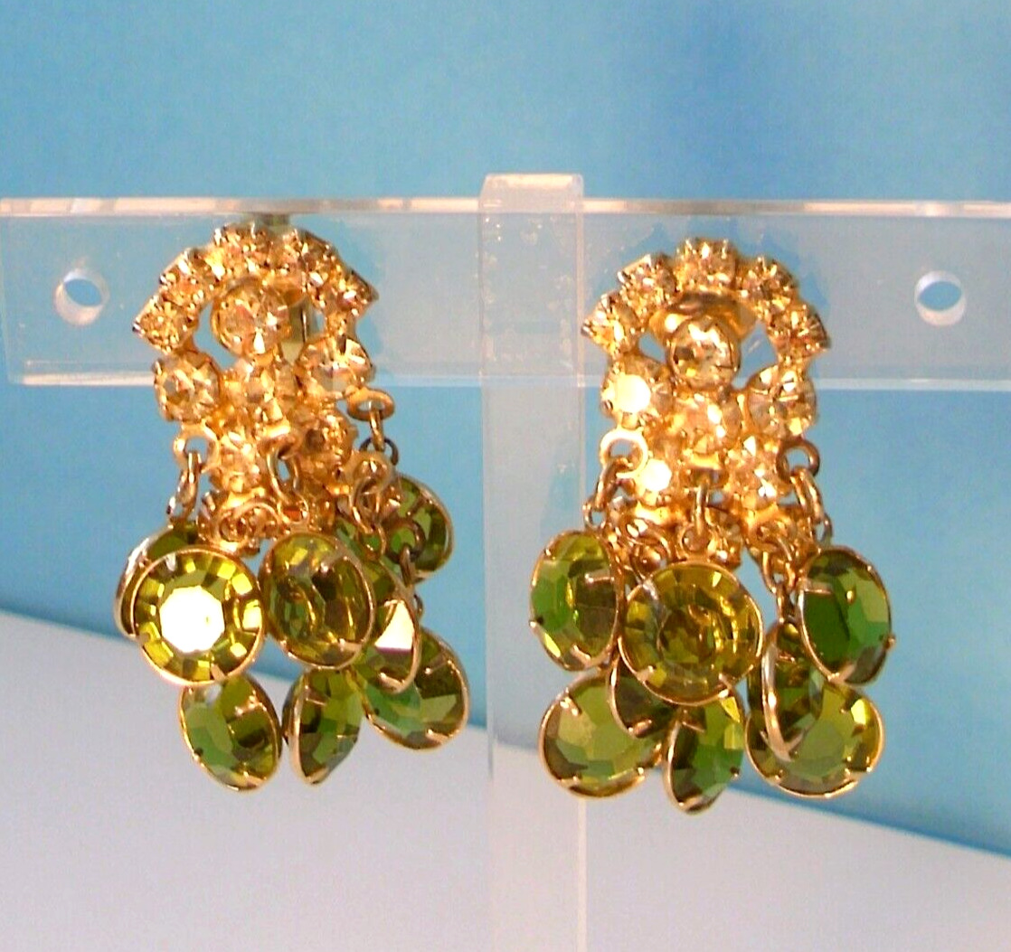 ❤❤ RARE Vtg  JULIANA Yellow & LIME GREEN Crystal Glass DANGLE  Clip EARRINGS ❤❤