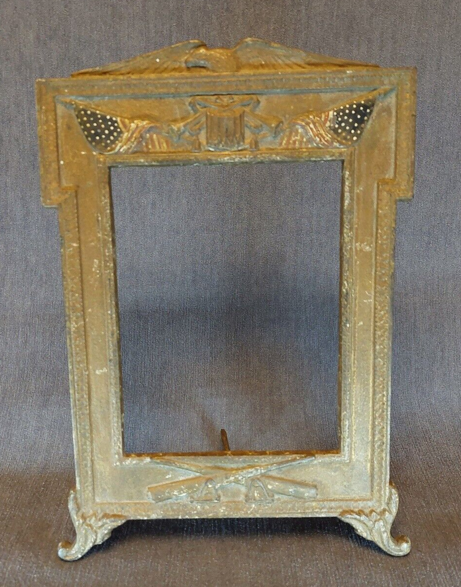 VTG WWI Military Cast Iron Picture Frame with Flags, Eagle, Drum & Cannons