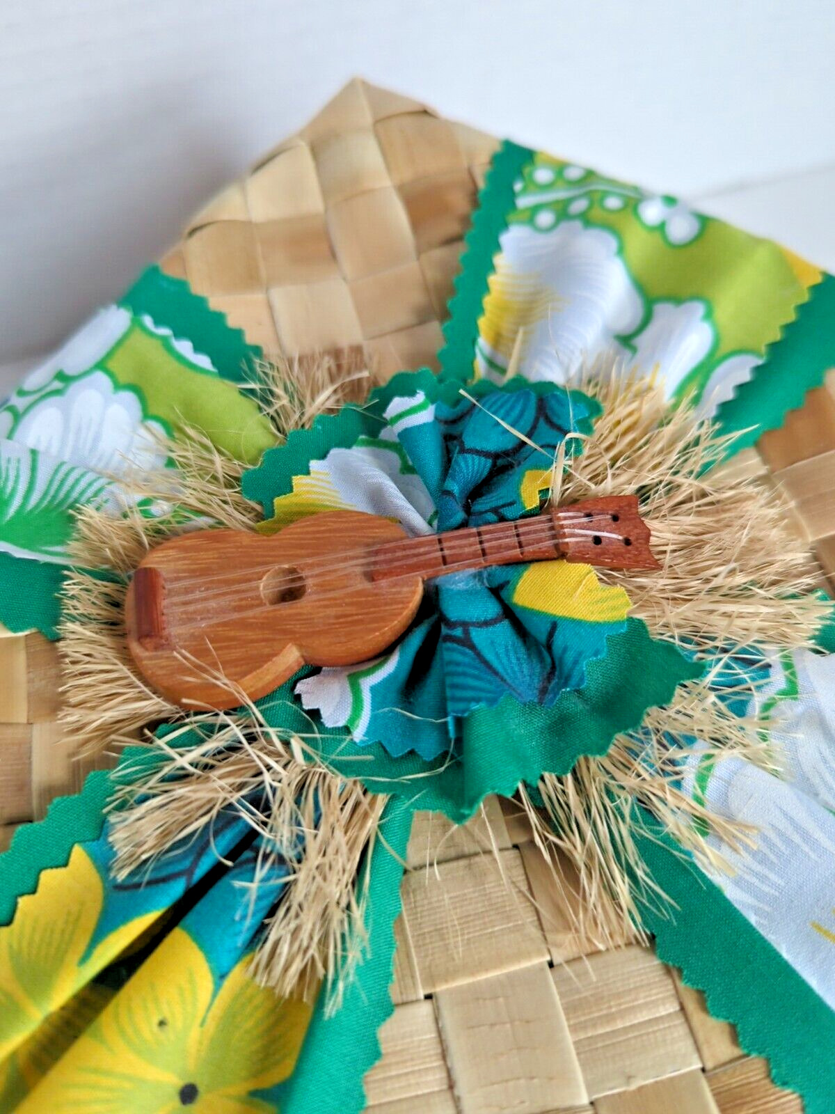Nani Honu Gift Box Ukulele Basket Centerpiece Hawaiian Fabric Yellow Green White