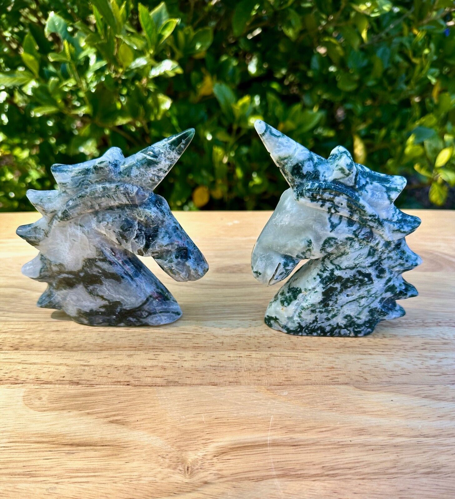 Large 6 in. Moss Agate Unicorn Carved Crystal, Very Good Condition