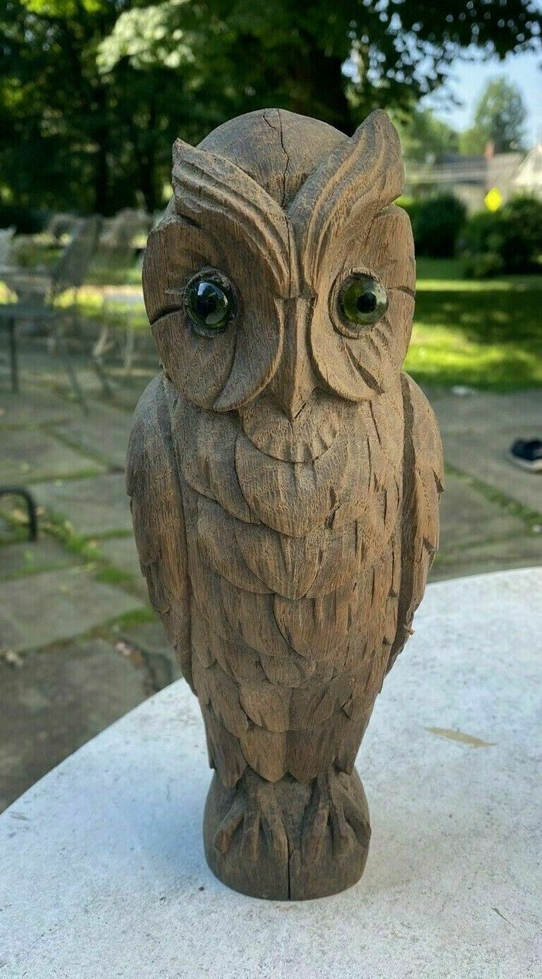 ANTIQUE CARVED WOODEN BLACKFOREST STYLE CARVED OWL FIGURE WITH GLASS EYES