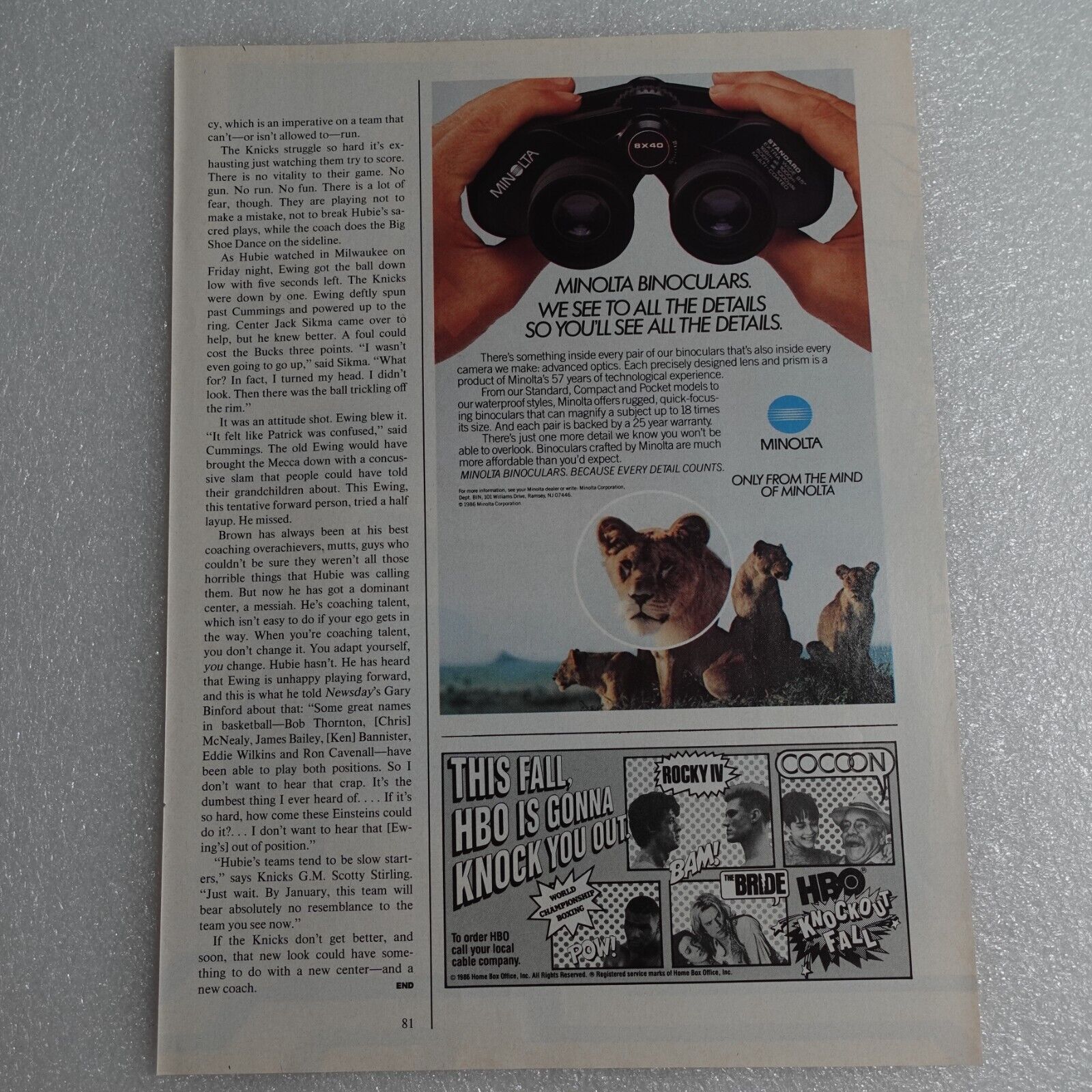 Vintage Print Ad Minolta Binoculars Sports Illustrated Nov 24, 1986