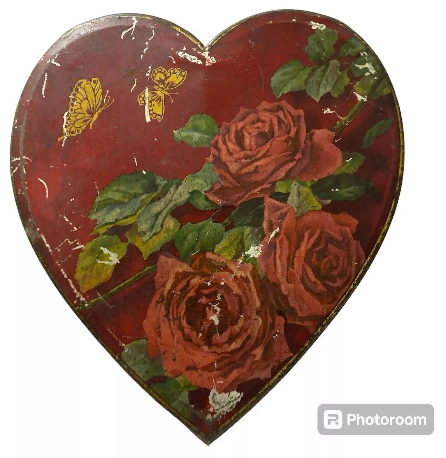 Antique TinDeco Valentines Candy Tin Original Hinged Heart Red Roses 1920s Rare
