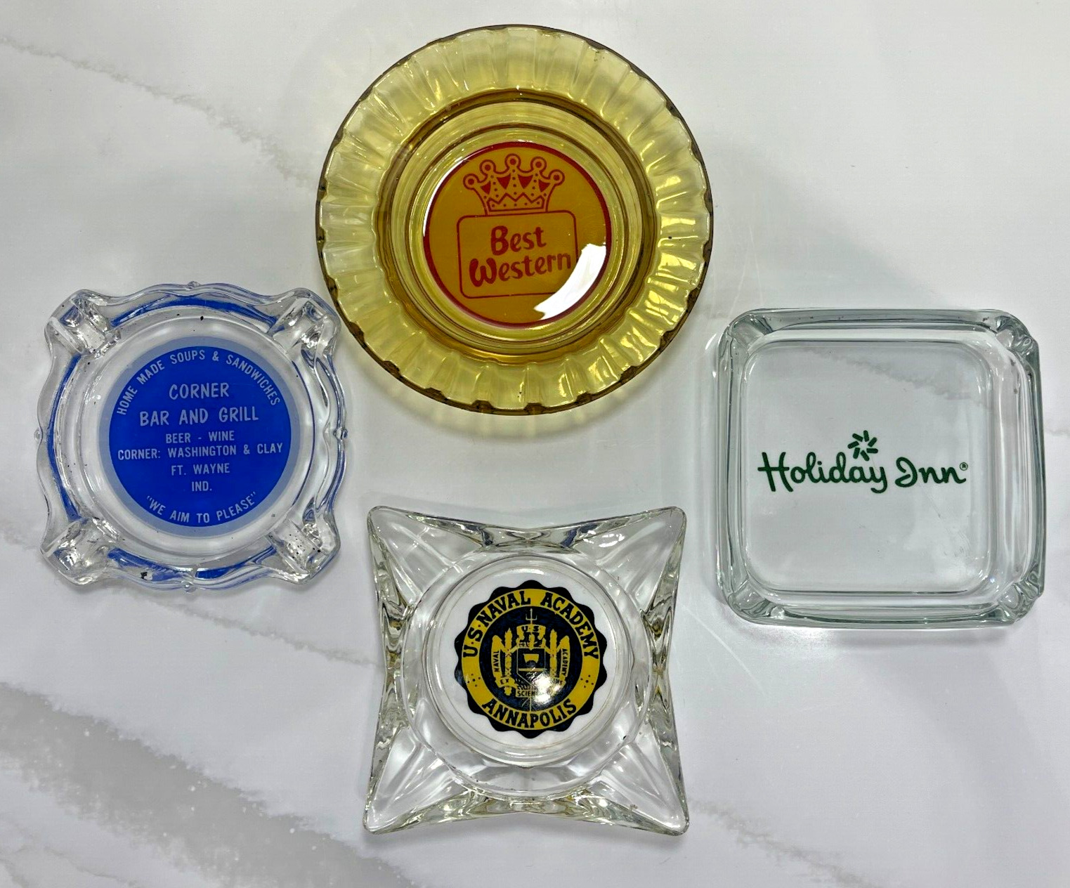 Lot Of 4 Vintage Glass Advertising Ashtrays US Naval Academy Hotel Bar and Grill