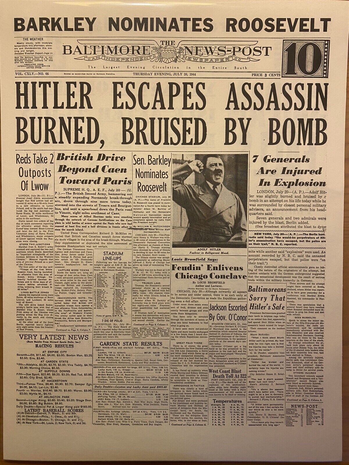 VINTAGE NEWSPAPER HEADLINE~WORLD WAR 2 BOMB TO KILL GERMAN HITLER WWII 1944