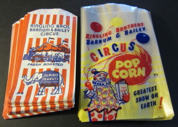 Lot of 100 Old 1950\'s RINGLING Bros. CIRCUS Popcorn / Peanut Bags  BARNUM BAILEY