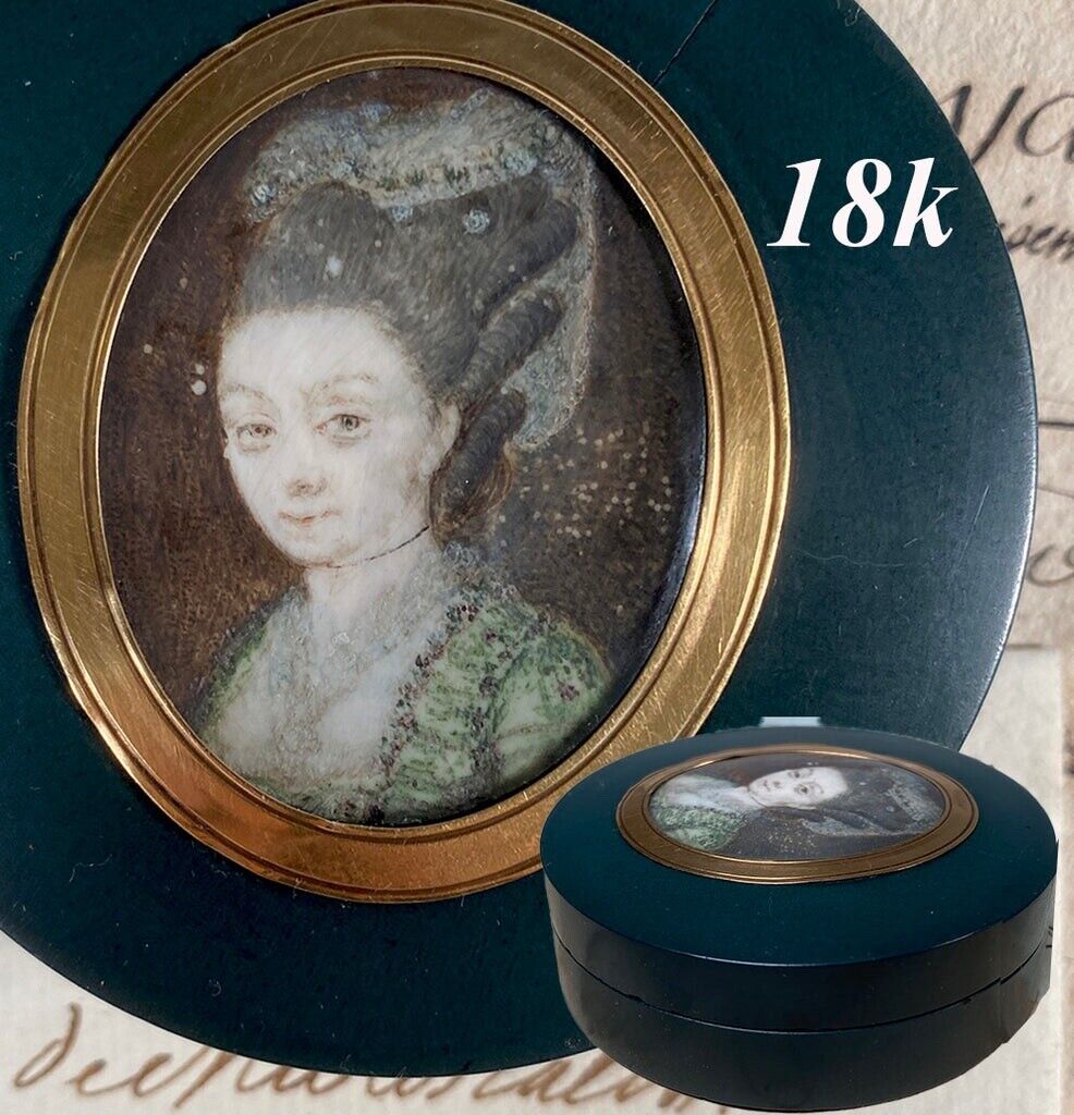 Antique 18c French Portrait Miniature Snuff or Patch Box, 18k Gold Vernis Martin