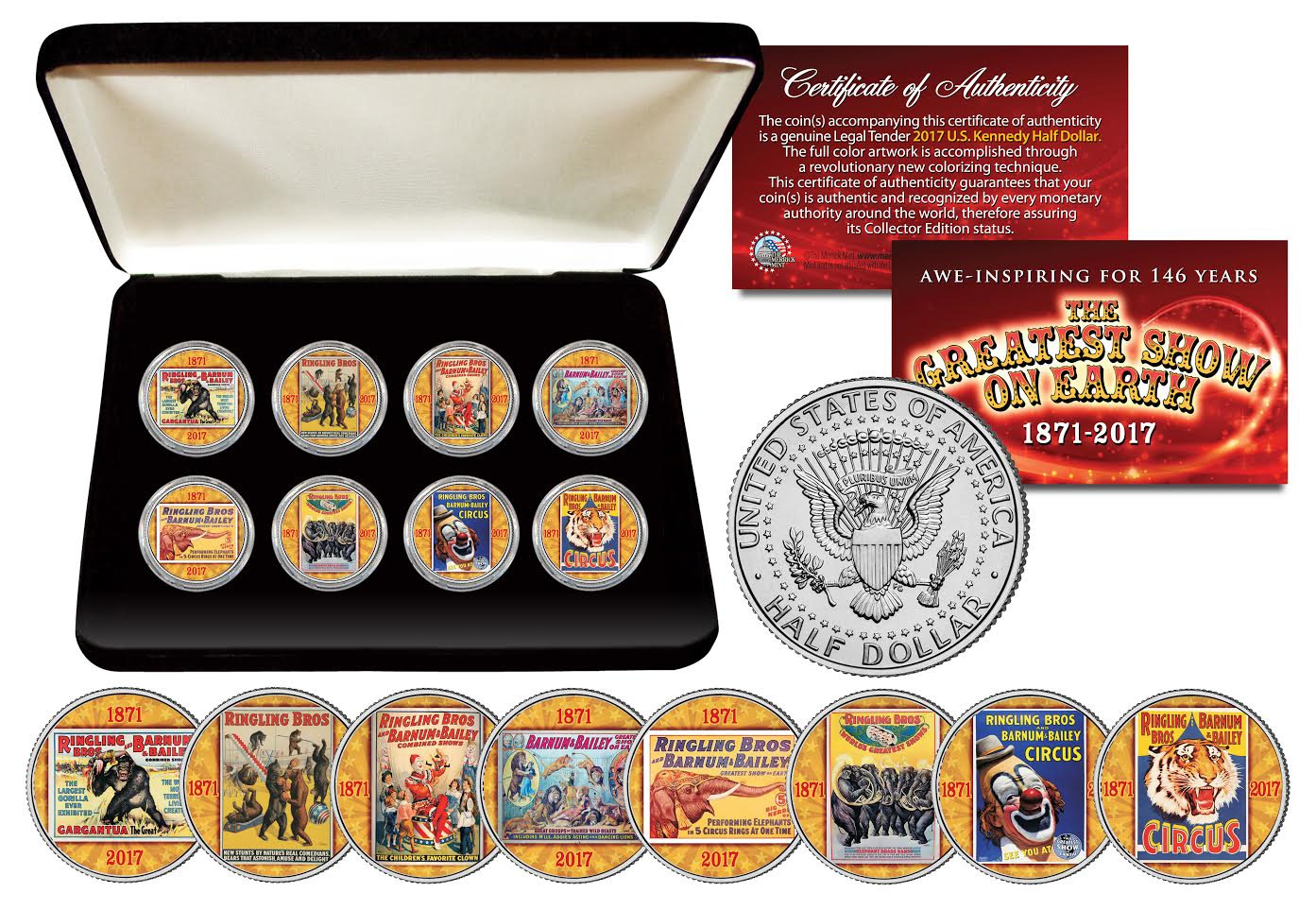 CIRCUS RINGLING BROS & BARNUM & BAILEY Official 8-Coin JFK Half Dollar Set w/BOX