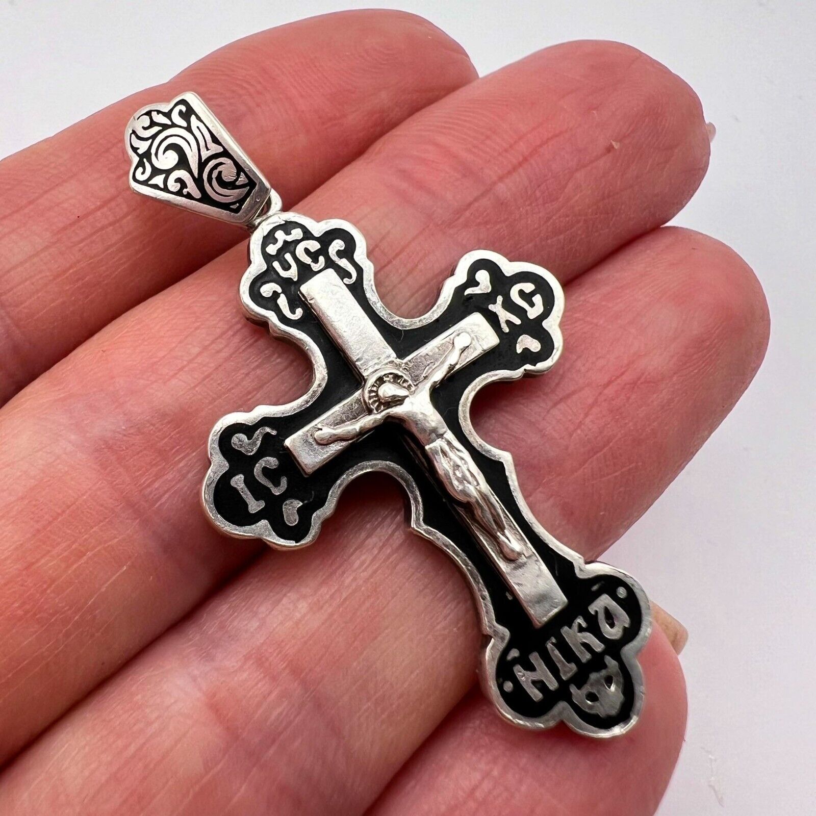 Vintage Sterling Silver 925 Enamel Christian Crucifix Jesus on Cross Pendant 6gr