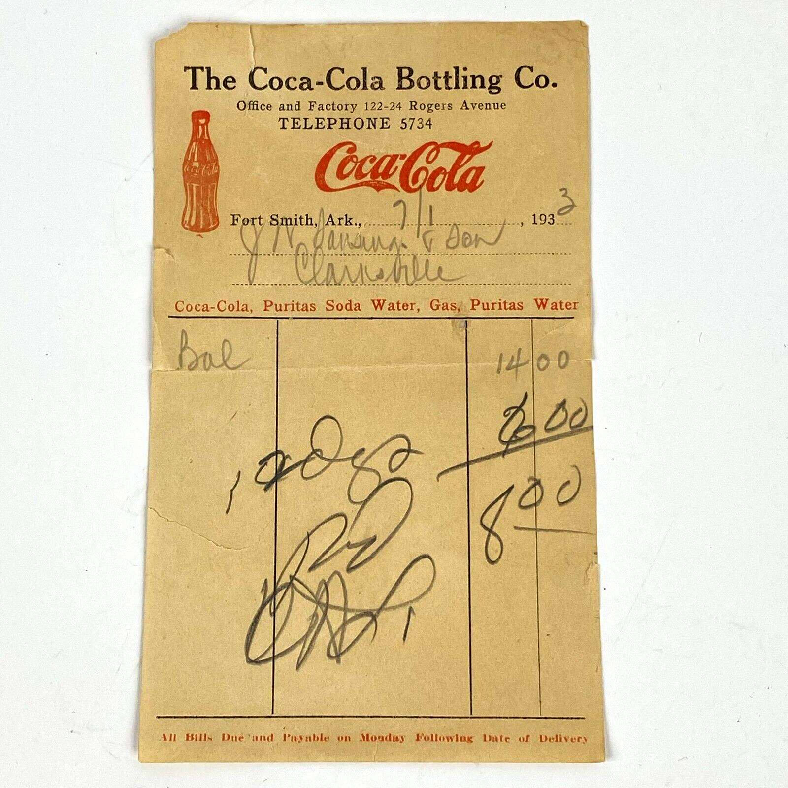 1933 Coca Cola Coke Bottling Company Invoice Letterhead Script Logo Ft Smith AR
