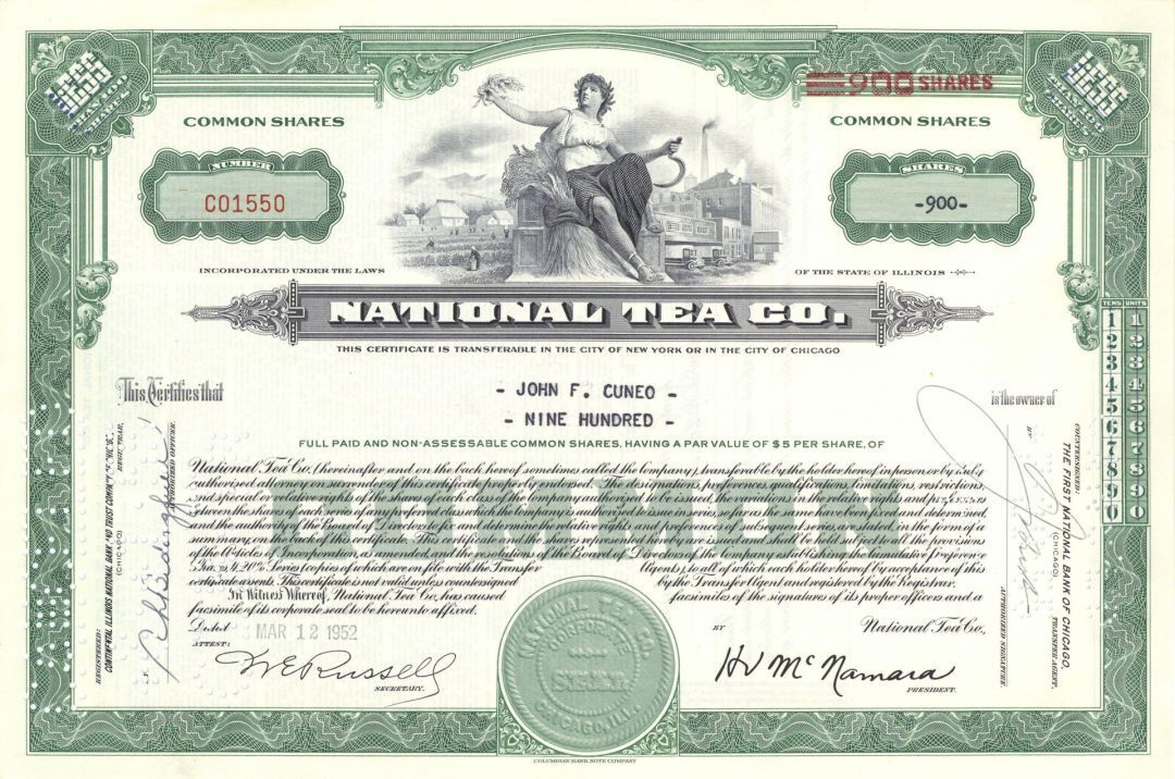 National Tea Co. - 1948-53 dated Stock Certificate - NATCO - Informally Known as