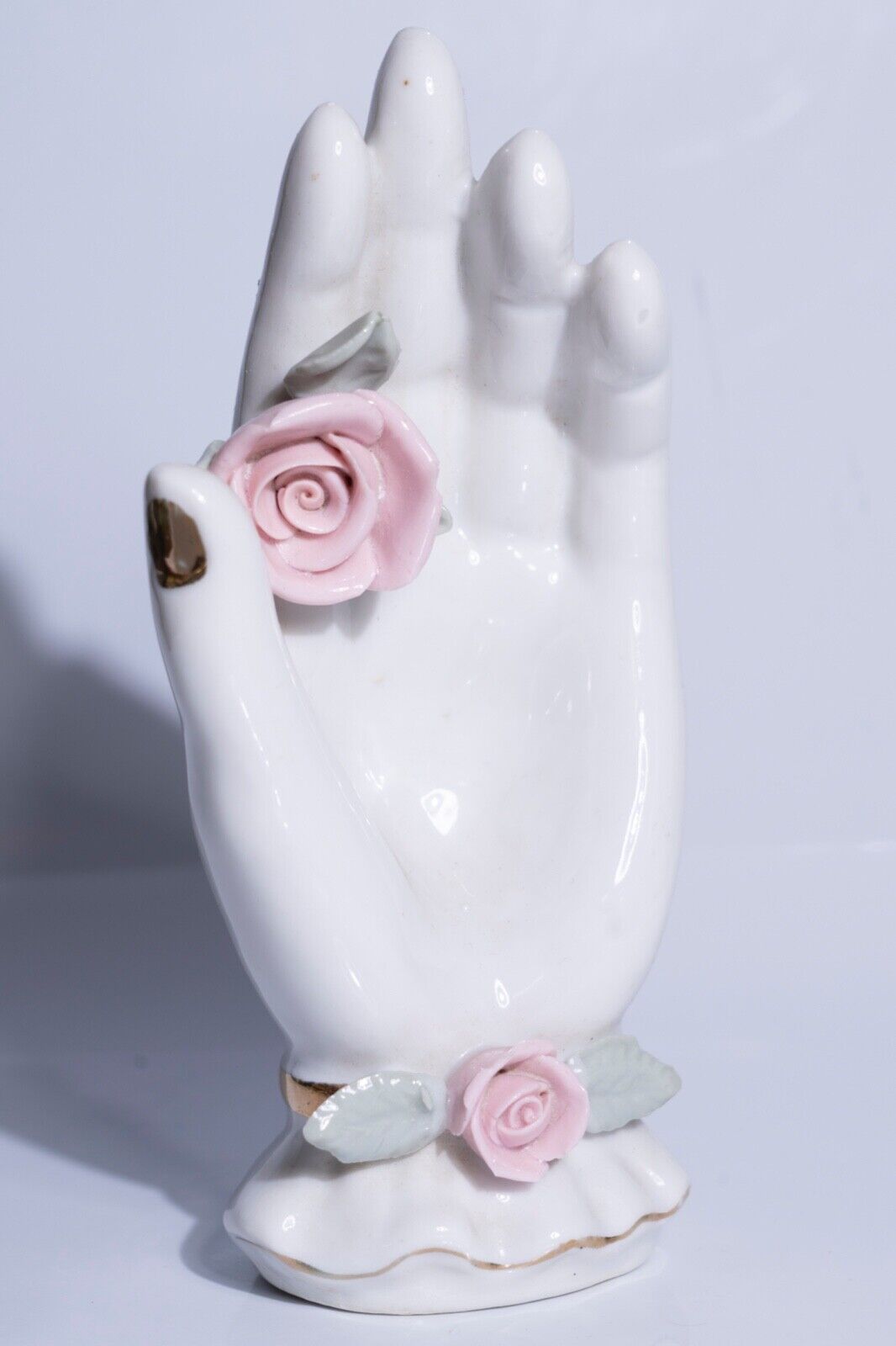 Vintage Victorian Porcelain Hand Figurine Trinket/Ring Holder Pink Rose Gilded