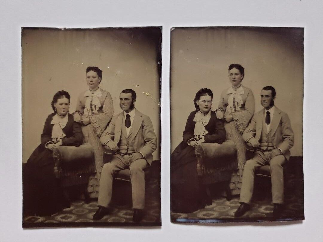 2 Antique 1800s Western 6th Plate Tintype Photo Lot Identical Twin Family Images