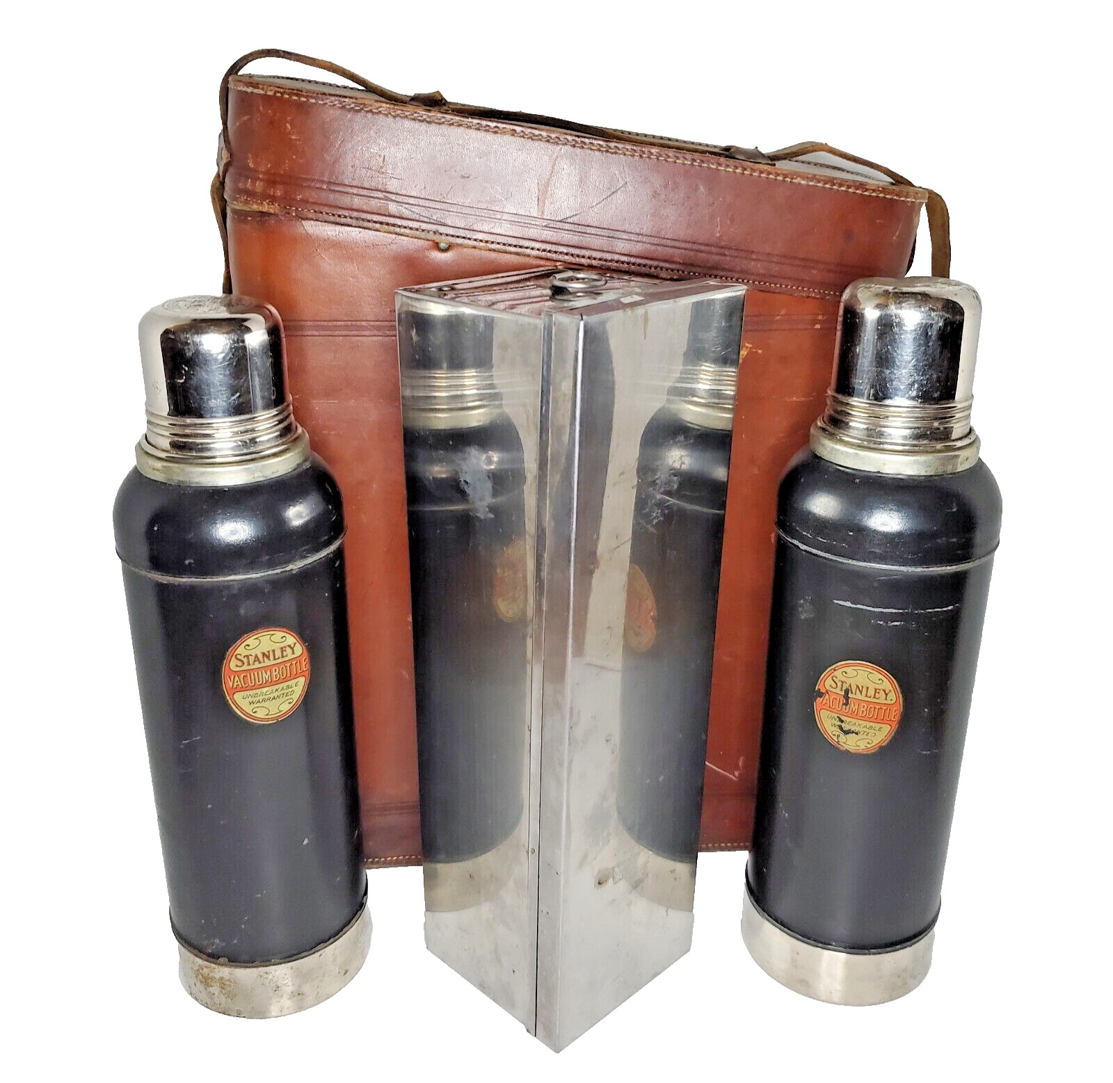 Antique Abercrombie & Fitch Picnic Set Stanley Ferrostat Thermos Hard Leather