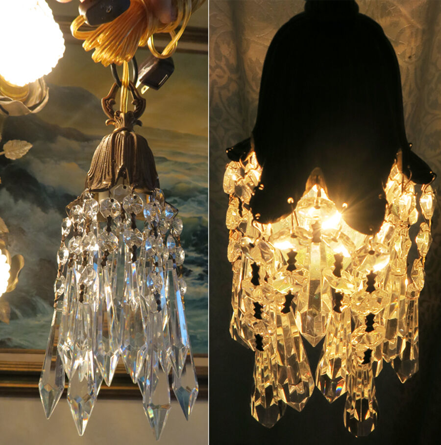 1 Vintage Hanging lily Brass bronze SWAG closet lighting lamp Chandelier crystal