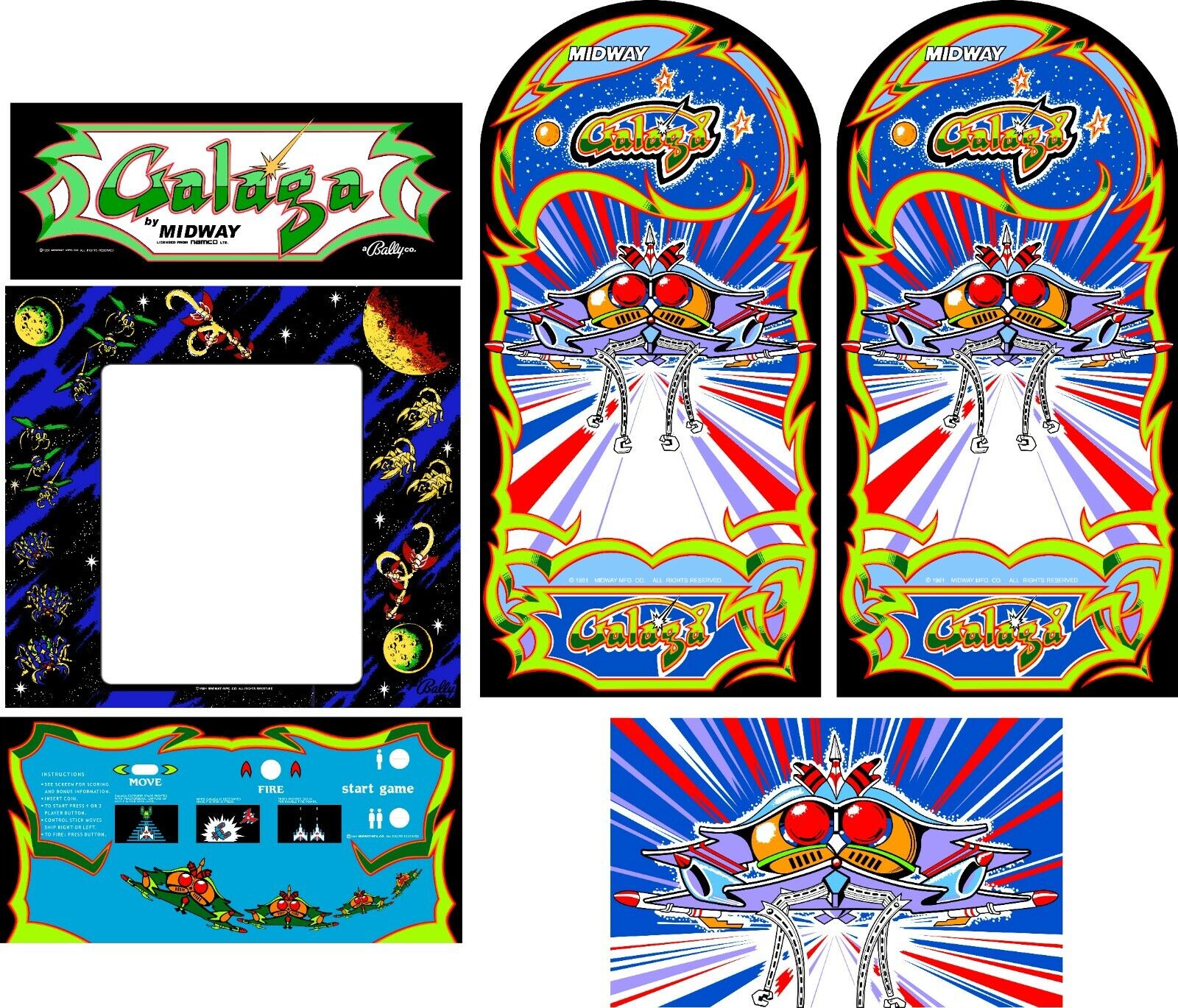Galaga Arcade Game Side Art Kickplate 6pc Set Polycarbonate CPO Highest Quality
