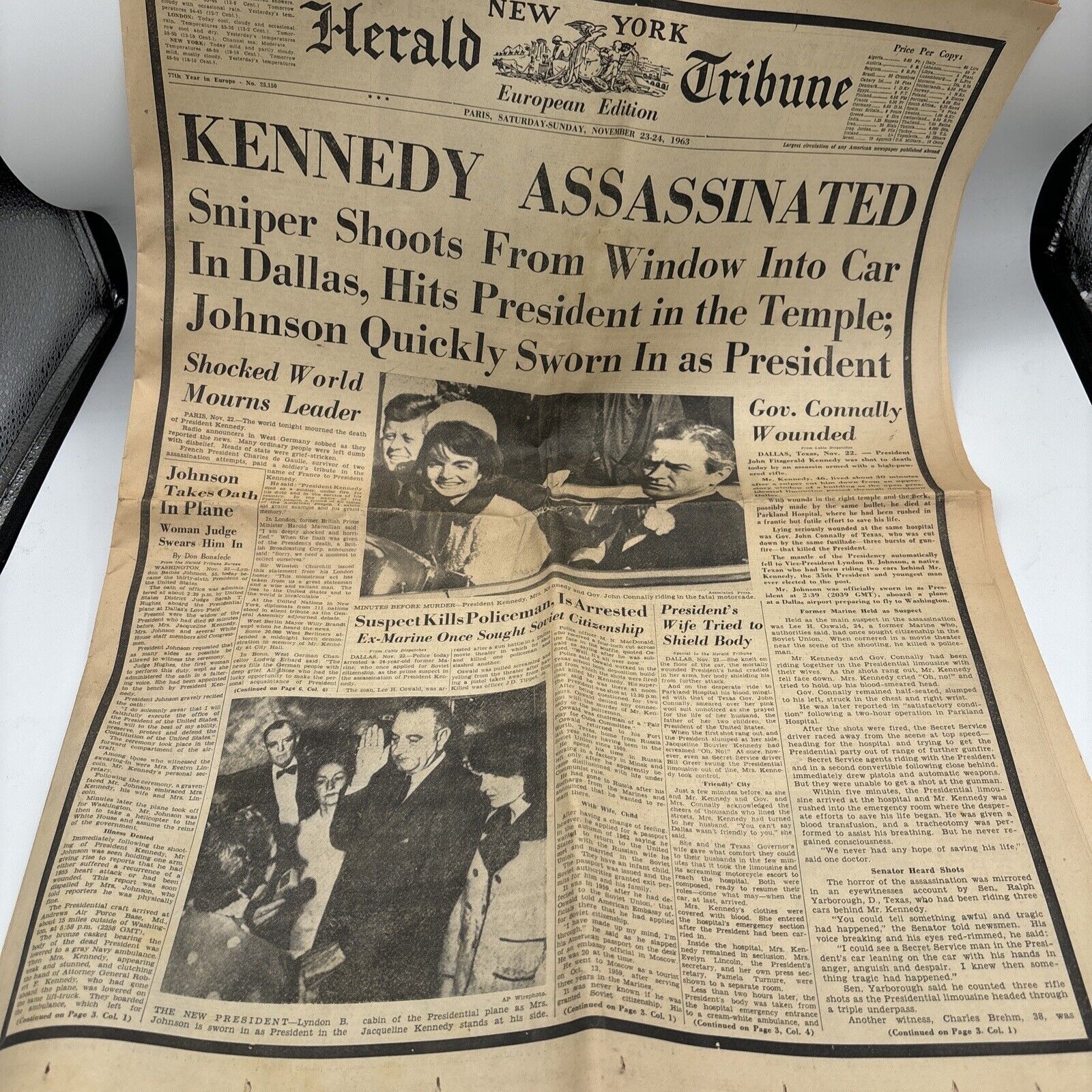 NY Herald Tribune Kennedy Assassinated European Edition Newspaper + Bulletin