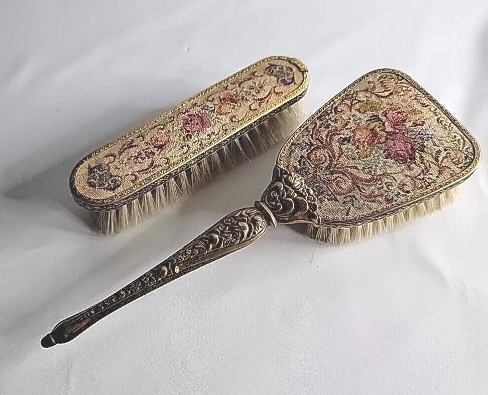 Vintage Brass  Hair Brush And Clothing Brush Embroidered  Ornate 1930-50s