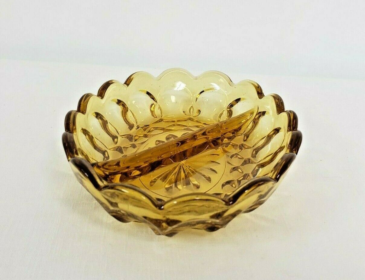 VINTAGE ANCHOR HOCKING RELISH DIVIDED  DISH FAIRFIELD PATTERN AMBER GOLD