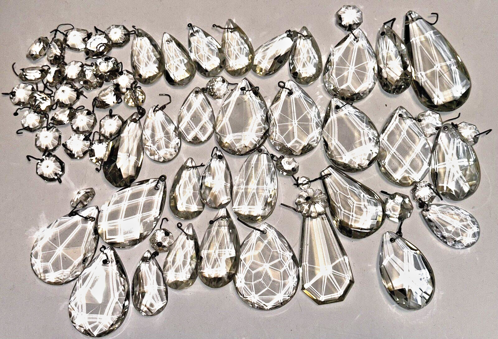 Lot of 30 Vintage Almond Pendalogue Faceted Crystals / Prisms Assorted Sizes