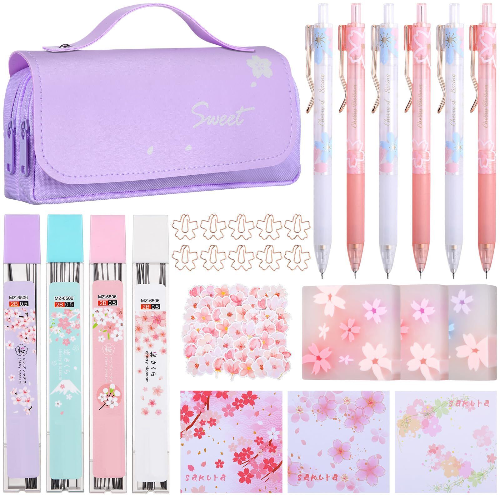 74 Pcs Kawaii Cherry Blossom Stationery Set Japanese Kawaii Pencil Bag Mechan...