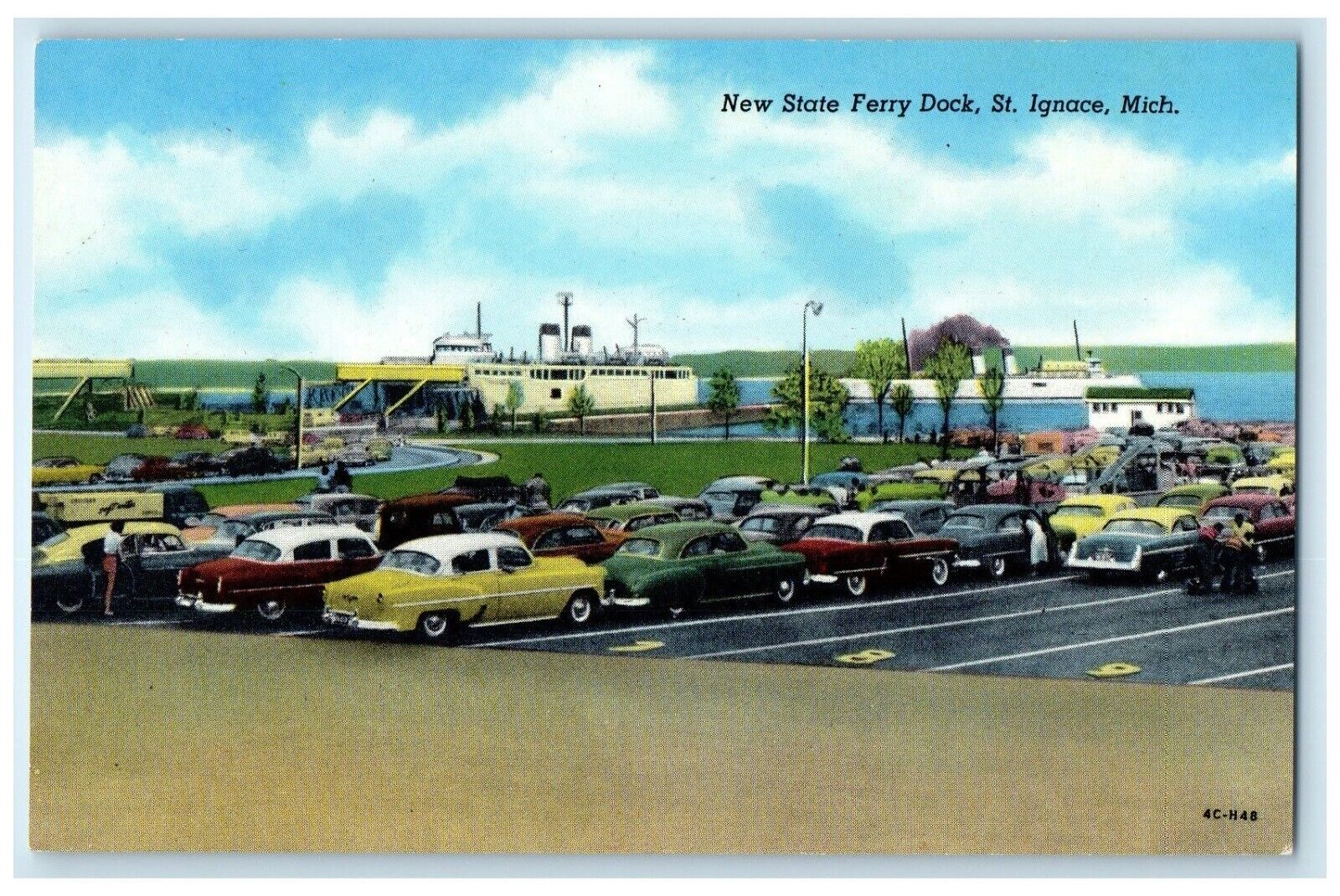 c1960\'s New State Ferry Dock Cars St. Ignace Michigan MI Vintage Postcard