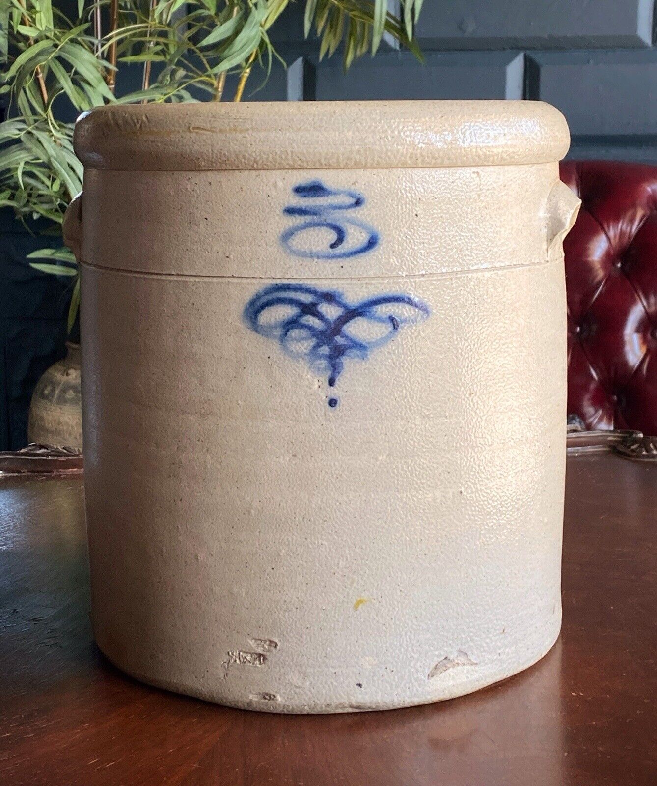 Primitive #3 Bee Sting Stoneware Salt Glazed Crock ~ Antique c. 1870 with Cobalt