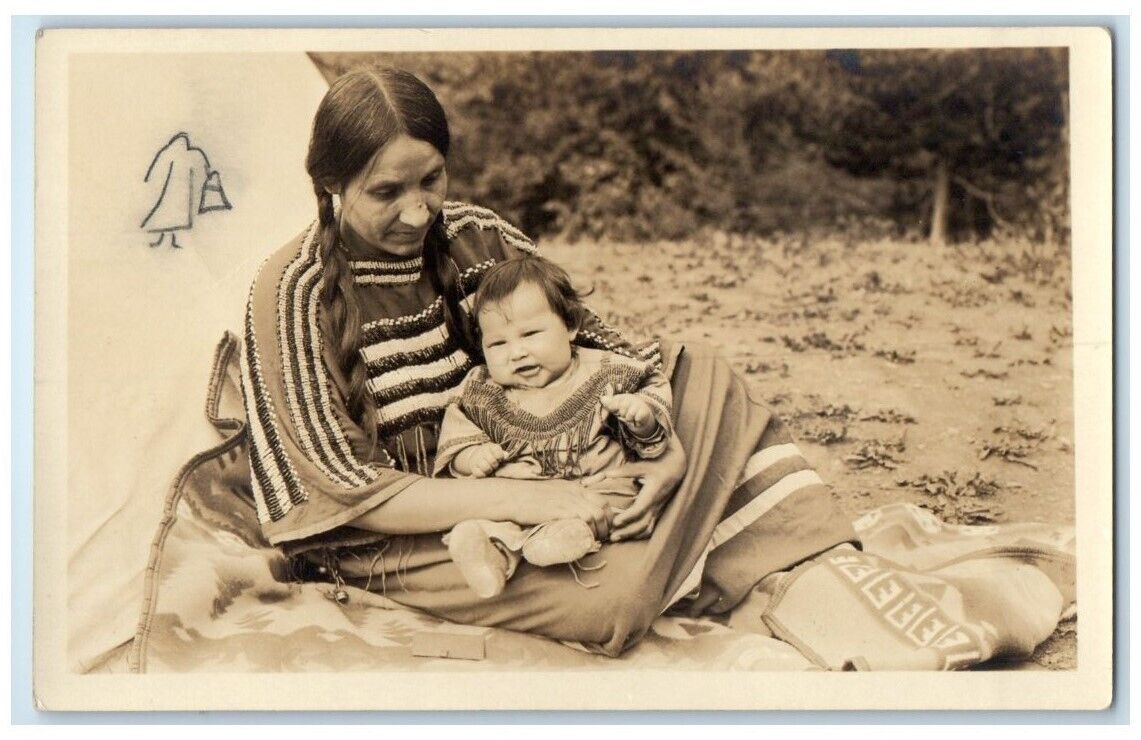 c1930's Native American Indian Mother Cute Baby Infant View RPPC Photo Postcard